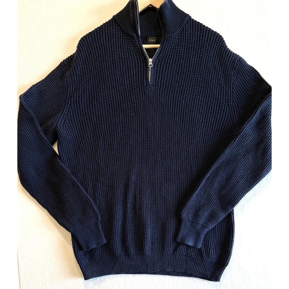 J.Crew Quarter-Zip Sweater Mens Large Navy Blue Waffle Knit Cotton H2713